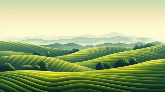A serene landscape of rolling hills and vineyards under a clear sky. Minimalist and peaceful backdrop with shades of green and yellow.