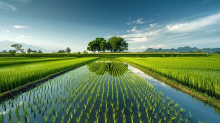 Endless rice paddies under a clear sky, a tranquil scene reflecting shades of green. Minimalist backdrop capturing natural beauty and serenity.