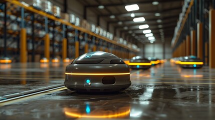 Automated robots in a modern warehouse using advanced technology for efficient inventory management and streamlined logistics processes.