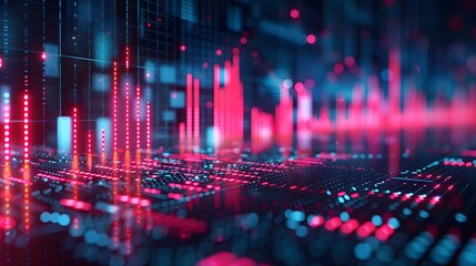Futuristic digital data and analytics visualization with red and blue LED lights. A vibrant, high-tech abstract background.