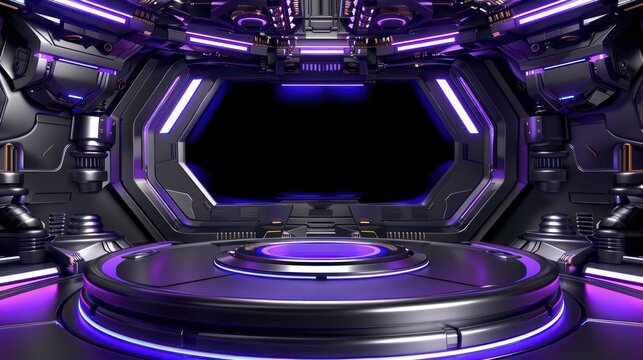 Futuristic sci-fi spacecraft interior with neon lights.