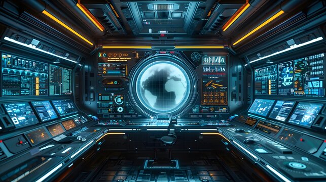 Futuristic spaceship control room with advanced technology screens and a central holographic globe showing a planet, sci-fi concept.