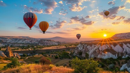 beautiful sunrise in cappadocia with balloons flying