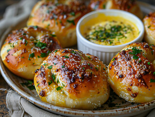 a tray of bread rolls with a bowl of dipping sauce, ready to be enjoyed.