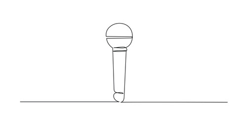 One line drawing of microphone .Continuous line draw World radio day concept. Vintage mike in simple linear style for banner of music, webinar. editable stroke.