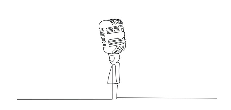 One line drawing of microphone .Continuous line draw World radio day concept. Vintage mike in simple linear style for banner of music, webinar. editable stroke.