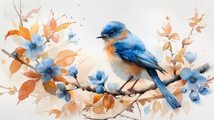 Obraz premium Watercolor Bluebird on a Branch with Flowers.