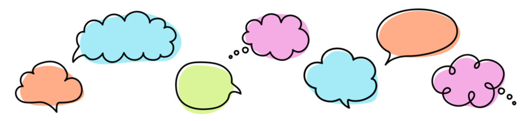 Colourful set with hand drawn speech bubbles. Cartoon style chat boxes. Vector illustration