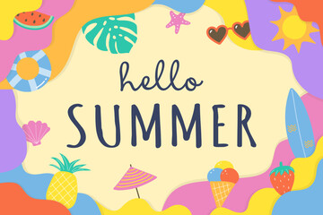 Colourful abstract  Hello Summer background. Poster or banner with holiday elements. Vector illustration