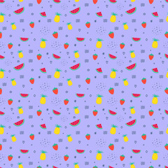 Summer background with fruits - watermelon, pineapple and strawberry. Vector illustration