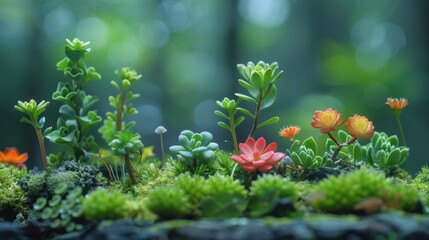 Miniature plants create a whimsical fairy garden against a clean, minimal background.