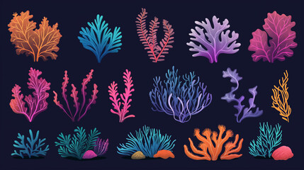 Asset of underwater flora on dark background, Illustration