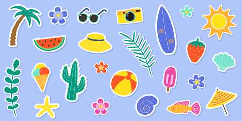 Set with colourful summer stickers. Holiday concept with icons. Vector illustration
