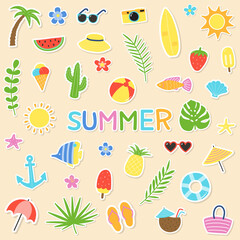 Cartoon hand drawn summer icons. Set with colourful holiday stickers. Vector illustration