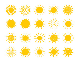 Cartoon style sun icons. Collection of summer elements. Vector illustration