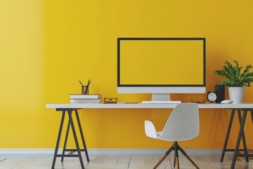 A computer desk with a white chair and a computer monitor