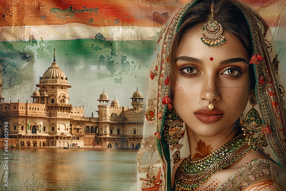 Poster Indian flag proudly displayed alongside an Indian womans model face