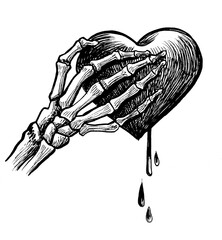 Skeleton hand holding bleeding heart. Hand drawn ink black and white illustration