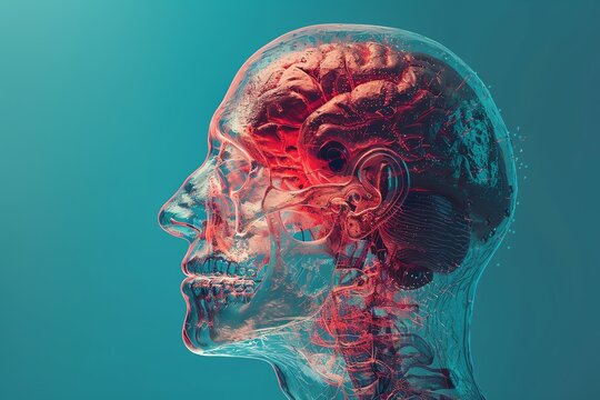 Photorealistic image of a real head undergoing brain MRI, on cyan background, hyper realistic, hyper details, beautiful lighting, 16k