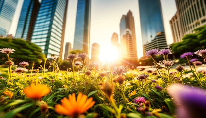 Fototapeta premium Extreme close-up and bottom view of a lush urban green space with vibrant wildflowers between tall skyscrapers at sunset or sunrise, backlit. Generative Ai.