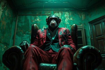 A photograph of a monkey in a suit on the kings armchair