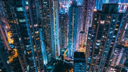 High-rise buildings at night with illuminated windows and busy streets below