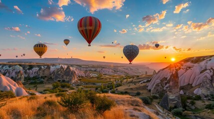 Obraz premium beautiful sunrise in cappadocia with balloons flying