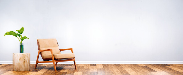 Modern chair in white room interior parquet wood floor. 3D rendering