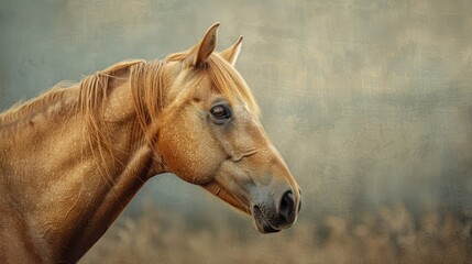 Obraz premium A close-up of a horse's elegant profile, framed against a simple backdrop that captures its strength and grace in a natural setting.