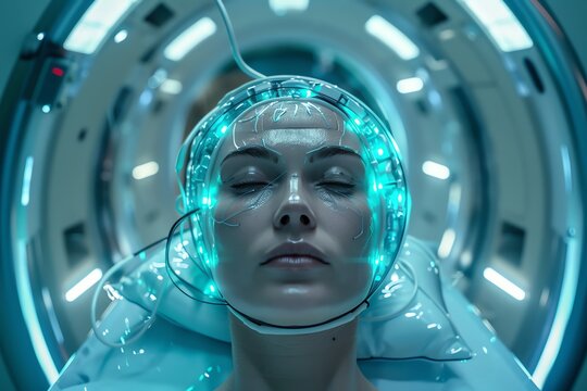 Photorealistic image of a real head undergoing brain MRI, on cyan background, hyper realistic, hyper details, beautiful lighting, 16k