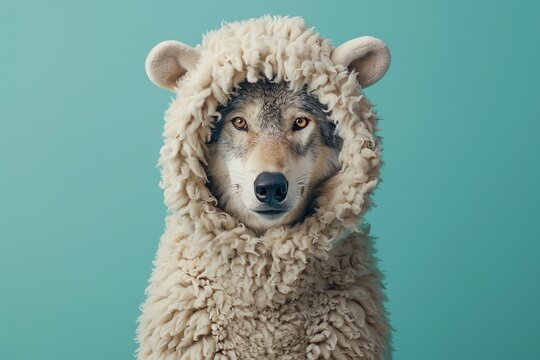 A wolf wearing a fluffy white sheep costume