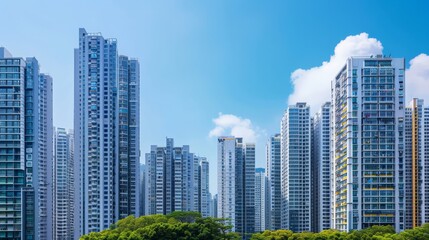High-rise condominium buildings against a blue sky with urban landscape