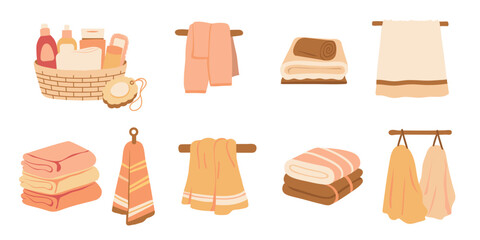 Bath towels vector illustrations set. Clean towels bundle isolated on white background. Domestic hygiene accessories, stacked rolled and hanging colorful hand towels. 