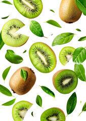 Fototapeta premium Kiwi fruit slice anf leaves levitating falling fly on white background