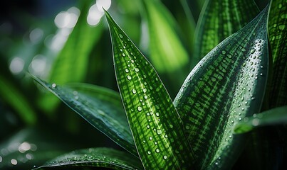 Dew Drops on Green Leaves