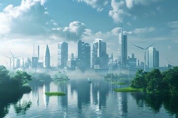 Obraz premium Futuristic Green Cityscape with Skyscrapers and Renewable Energy. A Vision of Sustainable Urban Living
