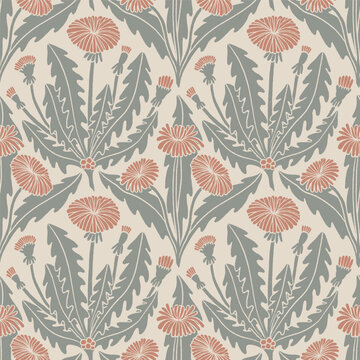 Dandelions Damask Style repeat pattern, seamless botanical pattern for wallpaper, stationery, home decoration, bedding