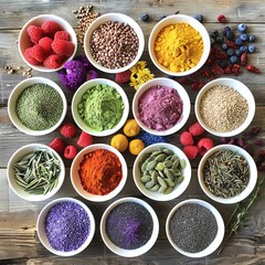 Colorful assortment of organic spices, seeds, and berries in white bowls on a rustic wooden table. Perfect for food, health, or culinary themes.