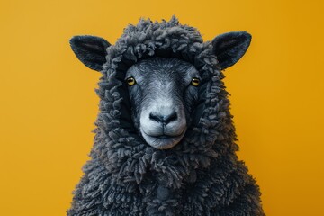 A sheep wearing a black wolf costume