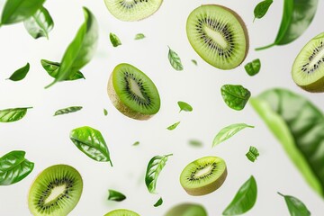 Fototapeta premium Flying kiwi slices with leaves on white background