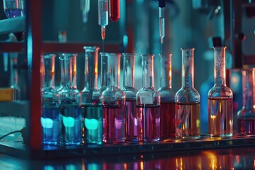 Chemistry laboratory research, experiments, and projects: science, test tubes, and syringe. Scientists and pharmaceutical lab analysts use glass vials and chemical liquid