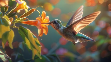 Naklejka premium Rubythroated hummingbird sipping nectar from a trumpet vine flower