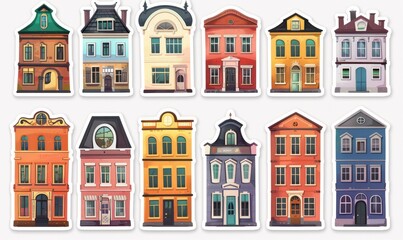 Fototapeta premium Different houses cute set in flat cartoon design. Bundle of apartment buildings.Generative AI