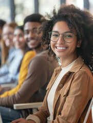 Naklejka premium Eine Reihe lächelnder Menschen, die mit Laptops auf Stühlen sitzen
