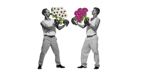 Poster. Contemporary art collage. Two boxers, dressed retro attire fighting in motion with bunch of flowers. Imagination and creativity. Concept of sport, active and healthy lifestyle, comedy.