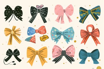 elegance of pastel color satin silk bows flat illustration, International Bow Day - clothing accessories, gifts, and decor, highlighting the craftsmanship and artistry of bow-making