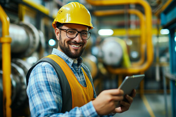 Smiling Engineer Using Tablet in Industrial Facility Generative AI image