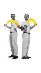 Poster. Contemporary art collage. Two men, fencers stands back to back in retro attire with bananas instead of swords. Concept of professional sport, active and healthy lifestyle, comedy.