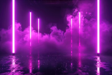 Dark abstract stage, empty with purple smoke, neon lights, and sparkles