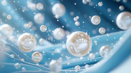 hyperrealistic Radiant pearls flying on a minimalistic deep ocean blue background